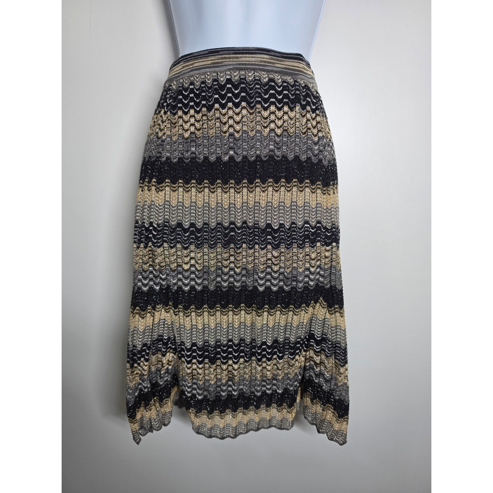 Missoni Metallic Zigzag Knit Midi Skirt Black Gold Silver IT44/US8 Made in Italy